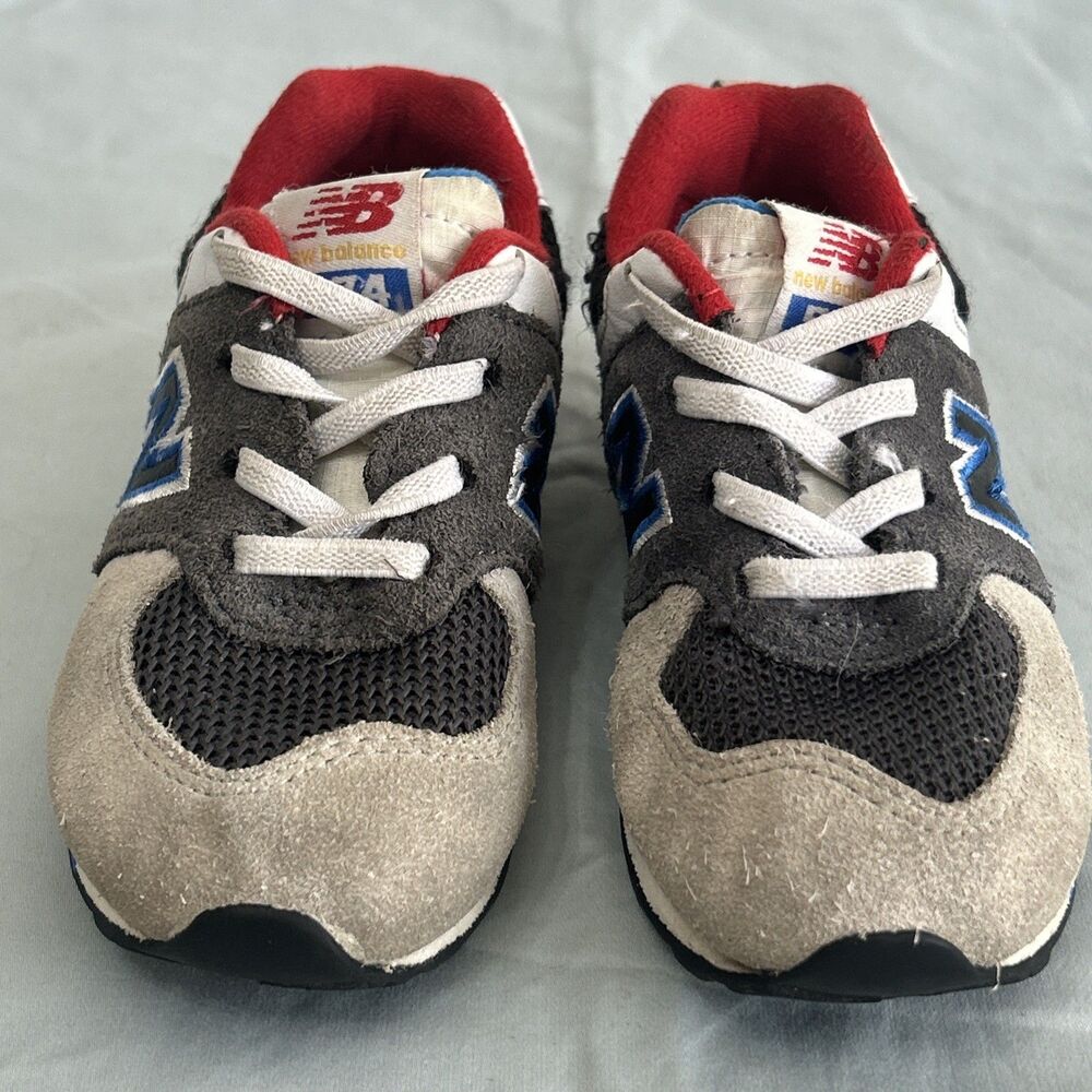 New Balance 574 Bungee Lace Sneakers Grey Blue Red Accent Shoes Sz 8